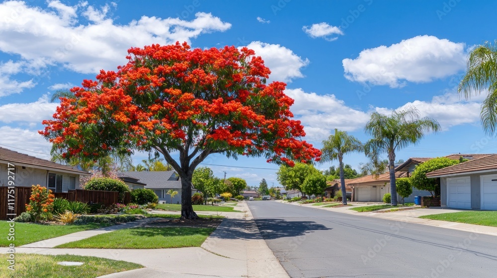 Vibrant tree in a sunny suburban street with blue skies. Vibrant tree in a sunny suburban street with blue skies.