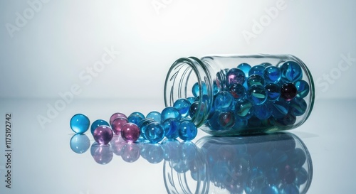 Colorful glass marbles spill from jar onto reflective surface