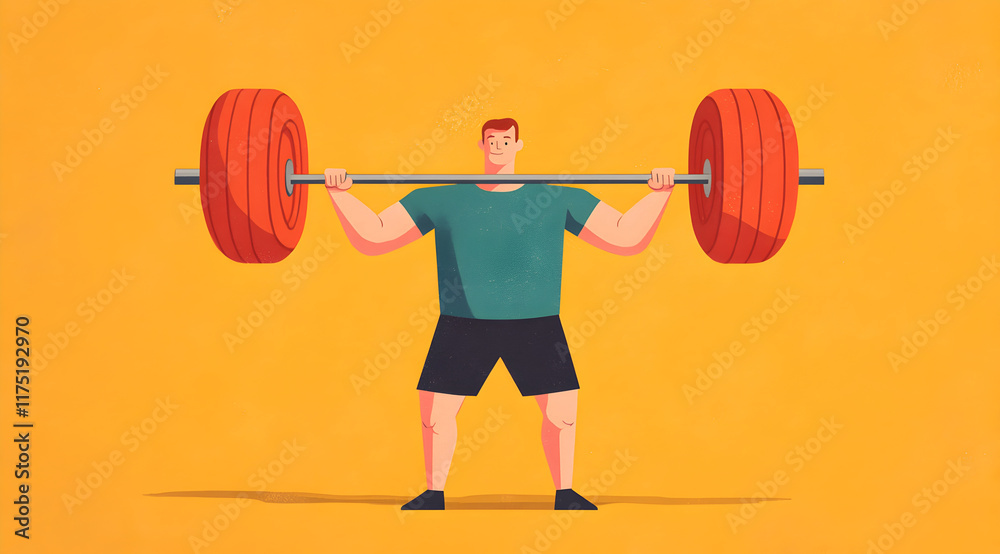 Obraz premium A strong man lifts a heavy barbell against a bright yellow background, showcasing fitness and strength training.