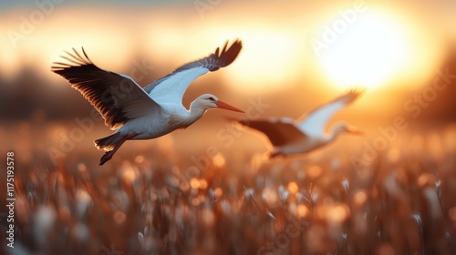 Two birds gracefully soar through the fading sunset, their wings outstretched against the vibrant sky, capturing a breathtaking moment of freedom and serenity in nature. photo