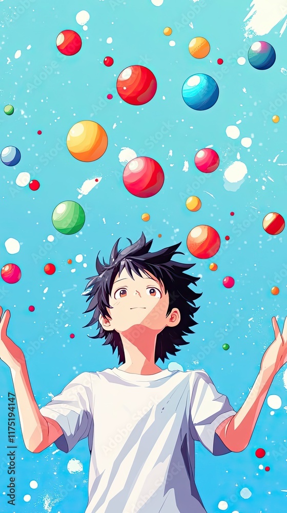Boy Joyfully Juggling Colorful Balls Against Blue Sky Boy Joyfully Juggling Colorful Balls Against Blue Sky