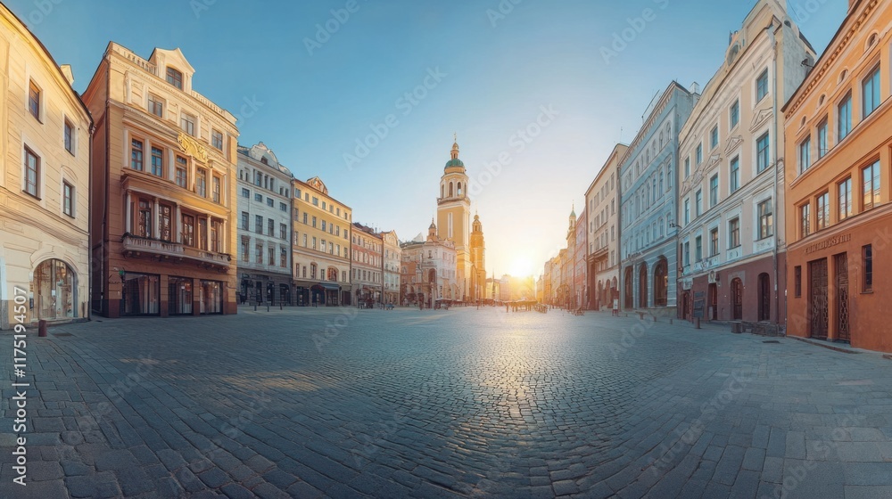 Obraz premium A tranquil Old Town square panorama with a historic church, charming facades, and cobblestone streets in the early morning light