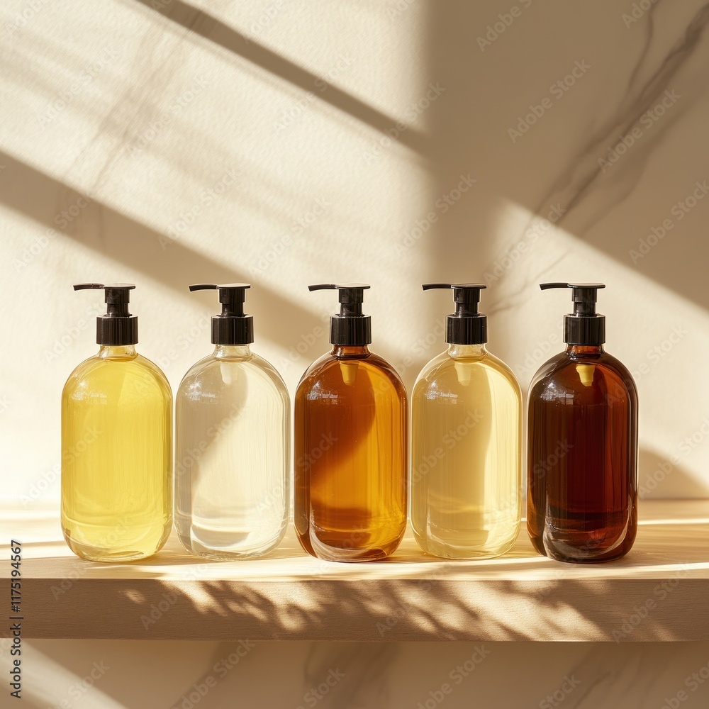 A row of sophisticated liquid soap bottles on a beige wooden table, set against a smooth white marble backdrop, ideal for a high-end personal hygiene campaign. A row of sophisticated liquid soap bottles on a beige wooden table, set against a smooth white marble backdrop, ideal for a high-end personal hygiene campaign.