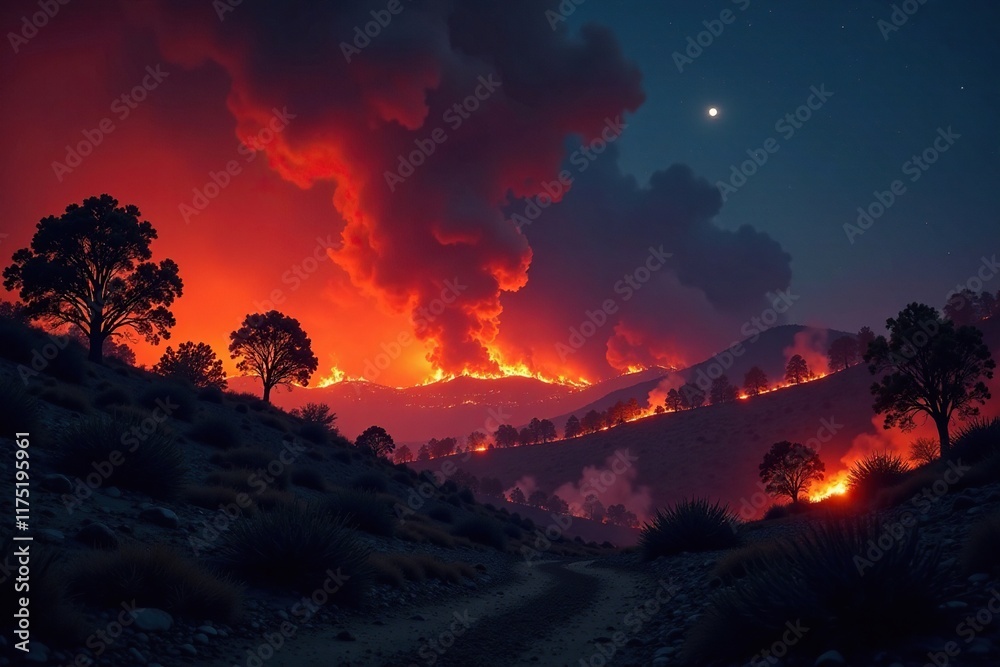 Fototapeta premium Nighttime desert forest on fire with intense fiery oranges and reds, natural disasters, wildfires, dry season
