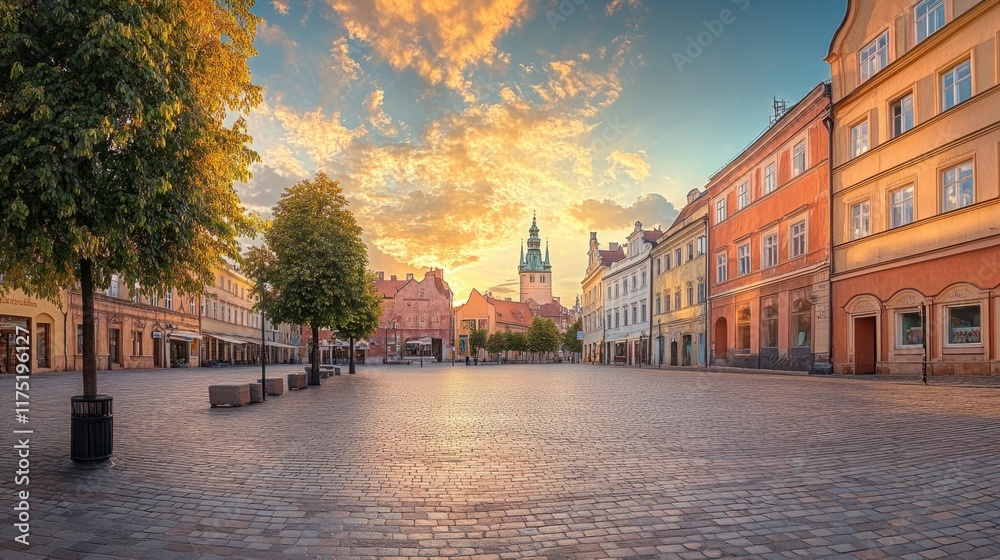 A tranquil panorama of the Old Town square at golden hour, with warm light illuminating the historic landmarks A tranquil panorama of the Old Town square at golden hour, with warm light illuminating the historic landmarks
