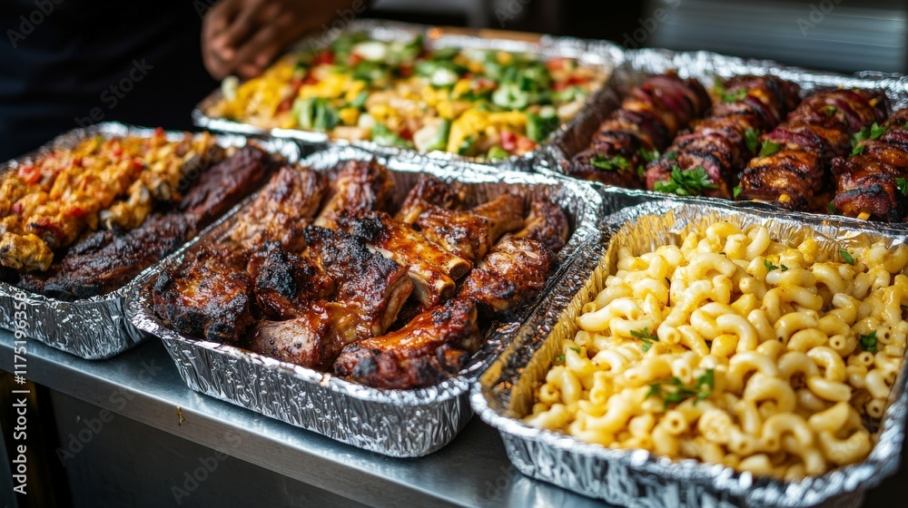Delicious barbecue feast with a variety of meats and sides served outdoors Delicious barbecue feast with a variety of meats and sides served outdoors