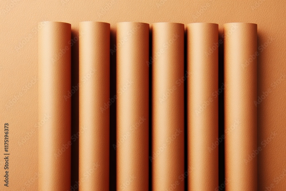 Close-up of rolled paper tubes arranged neatly against a textured beige background, perfect for design and crafts.