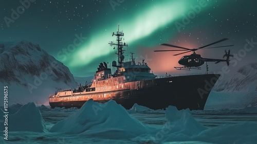 Illuminated by vibrant northern lights a rescue ship stands tall amid icy landscapes with a helicopter hovering above ready for action photo