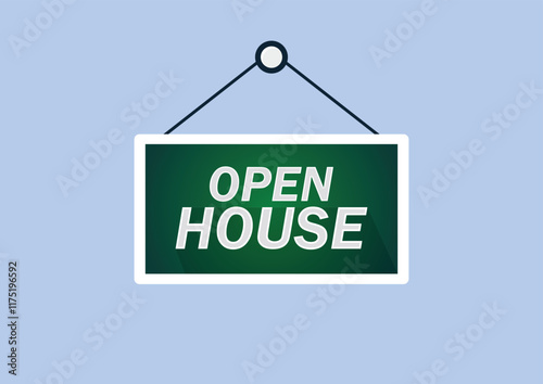 Vector open house hanging sign on blue background