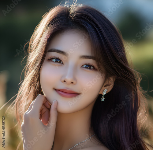 portrait of an Asian woman with long black hair, showcasing her natural beauty and serene expression in soft lighting. She has beautiful eyes that sparkle as she holds one hand near her face. photo