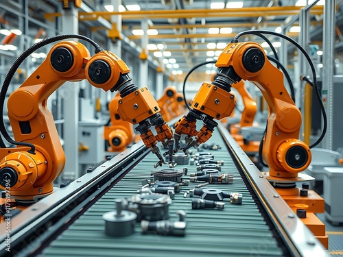 Automated Assembly Line: Industrial Robots at Work in a Modern Factory AI Generated photo