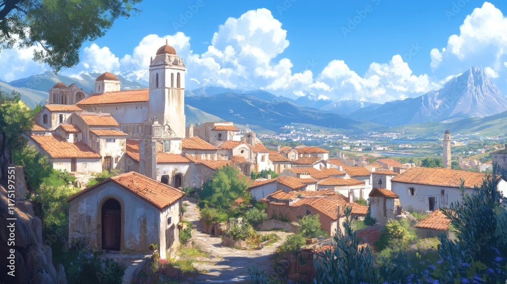 Obraz premium Mountain Village Church Under Sunny Skies