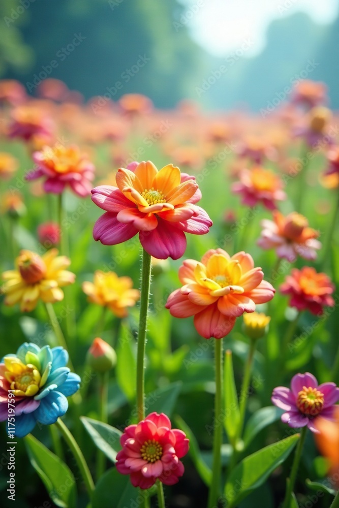 Rainbow-colored lollipop flowers blooming on a field, field, flower Rainbow-colored lollipop flowers blooming on a field, field, flower