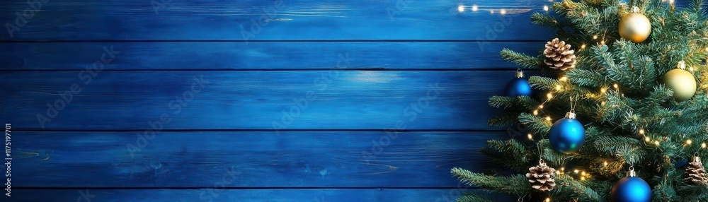 Obraz premium A beautiful Christmas tree adorned with blue and gold ornaments, set against a rustic blue wooden background.