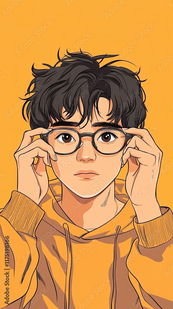A stylish young man adjusts his glasses wearing a yellow hoodie A stylish young man adjusts his glasses wearing a yellow hoodie
