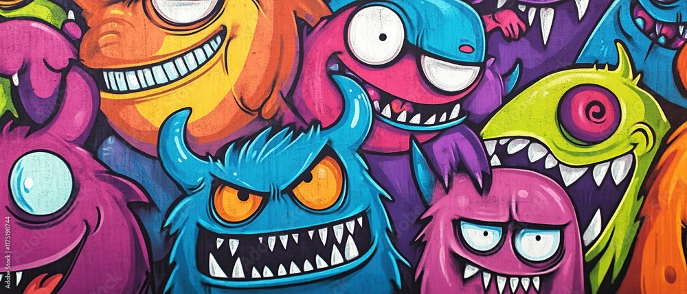 Vibrant Graffiti Monsters: Colorful Illustrations of Imaginary Creatures with Sharp Teeth and Bright Eyes, Featuring a Diverse Array of Unique Designs. Vibrant Graffiti Monsters: Colorful Illustrations of Imaginary Creatures with Sharp Teeth and Bright Eyes, Featuring a Diverse Array of Unique Designs.