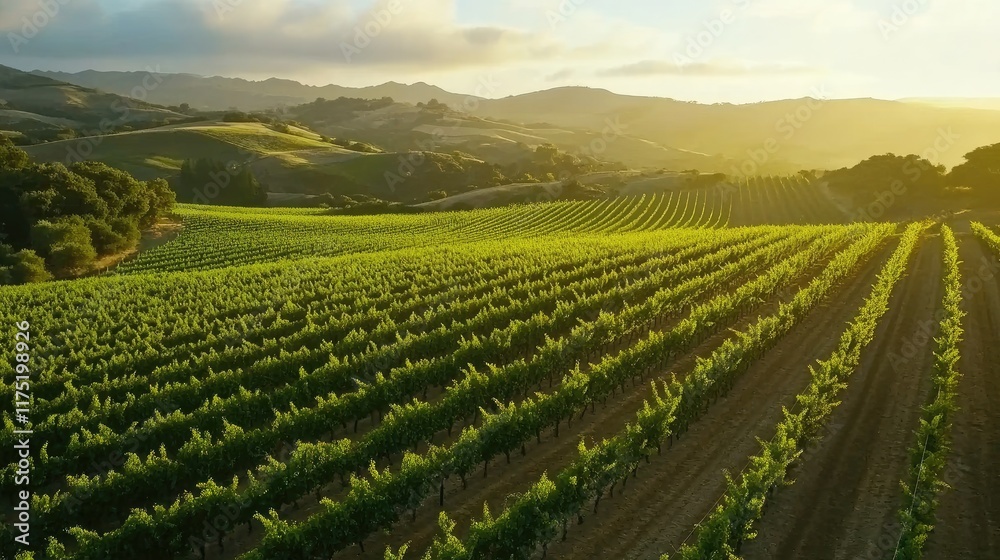 Fototapeta premium Golden Hour Vineyard Rolling Hills Landscape