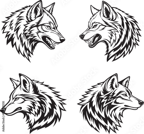 A set of Aggressive wolf head illustrations in black and white, vector style, perfect for logos or tattoos.