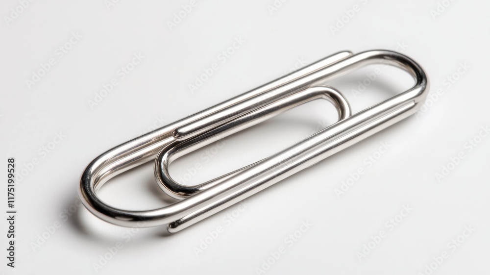 Office. Silver paper clip on a white background, highlighting its simple and functional design. Office. Silver paper clip on a white background, highlighting its simple and functional design.
