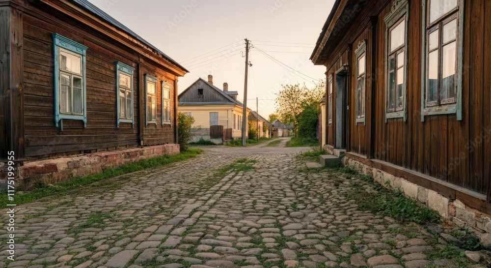 Rustic village street with cobblestone road and wooden houses at sunset Rustic village street with cobblestone road and wooden houses at sunset