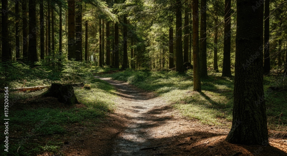 Obraz premium Sunlit forest path surrounded by tall, dense trees and lush greenery