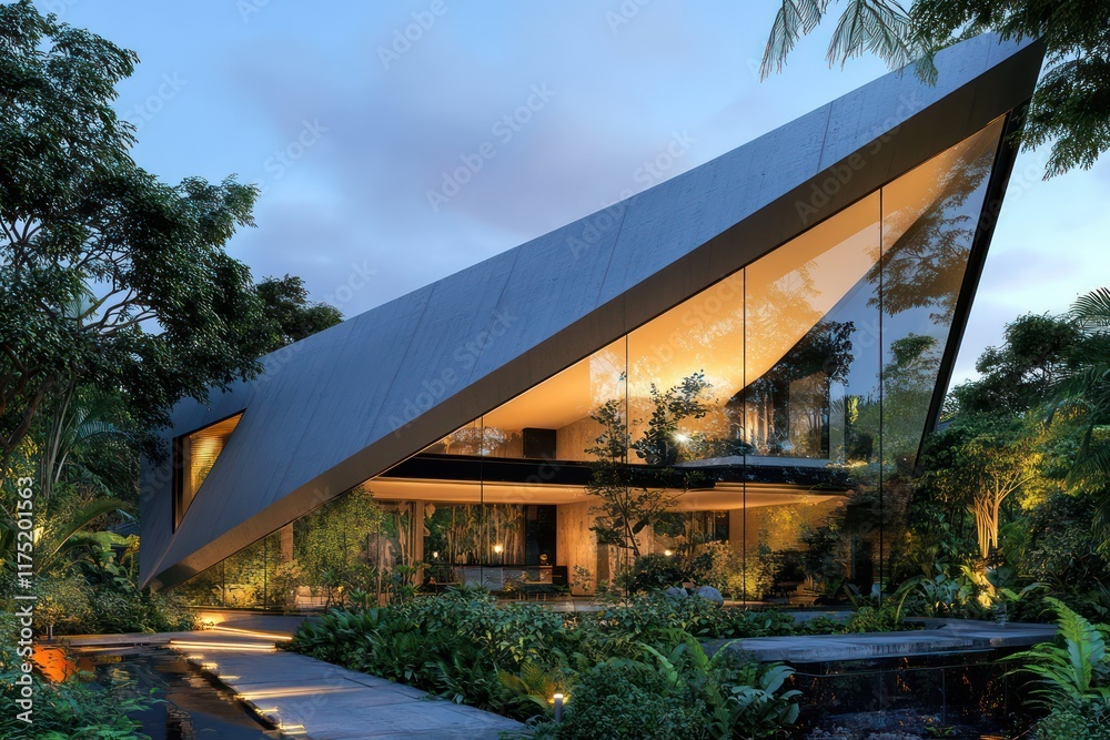 Fototapeta premium A sleek, angular home with a glass facade and integrated LED lighting, surrounded by lush landscaping