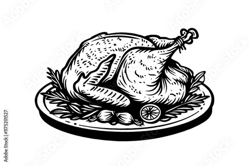 Roasted turkey on a platter with garnish, black and white drawing style, detailed lines, isolated on a white background, food concept