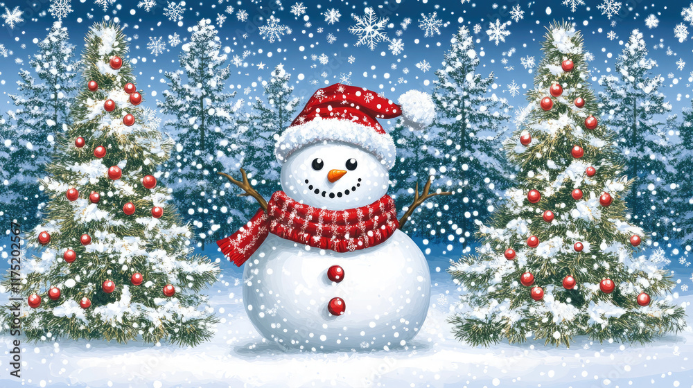 Snowman in Red Hat and Scarf Surrounded by Christmas Trees Snowman in Red Hat and Scarf Surrounded by Christmas Trees