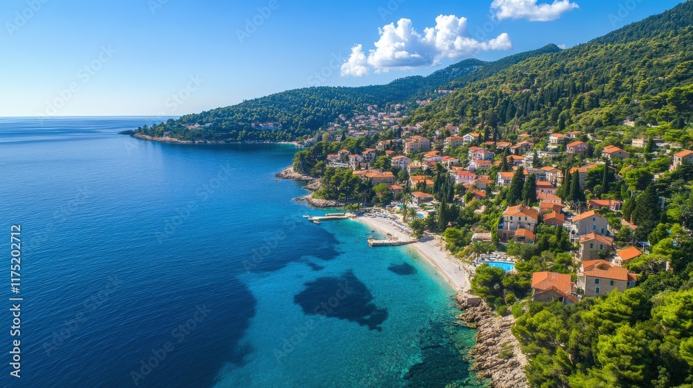 Fototapeta premium Coastal view of a charming village by the blue sea on a sunny day