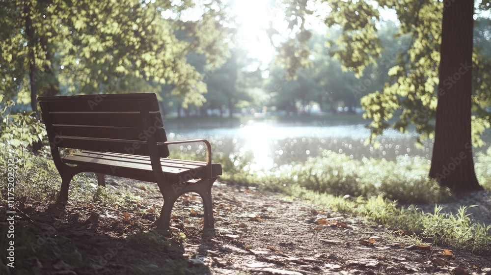 Empty Park Bench Overlooking Serene Pond Empty Park Bench Overlooking Serene Pond