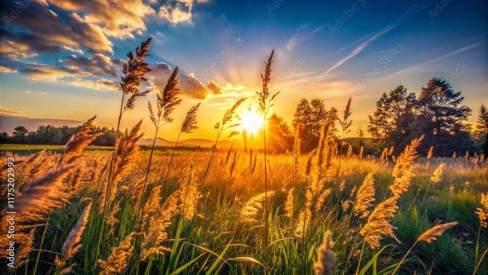 Fototapeta premium Silhouetted Figures in Sunny Meadow, 4K Animation Stock Footage - Dramatic Sunset Landscape