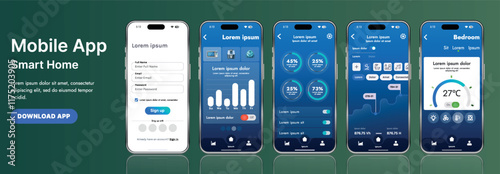 A sleek smart home application interface template featuring modern icons and a gradient design. Includes navigation menus for managing devices, monitoring security, controlling temperature
