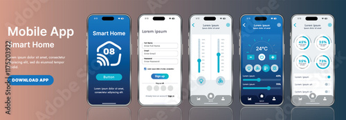 A sleek smart home application interface template featuring modern icons and a gradient design. Includes navigation menus for managing devices, monitoring security, controlling temperature