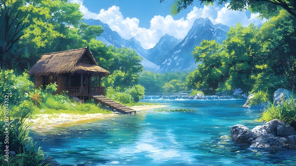 Serene tropical landscape, vibrant blue river, lush green jungle, thatched hut on riverbank, distant misty mountains, sunlit foliage, tranquil atmosphere, crystal clear water, idyllic paradise, Serene tropical landscape, vibrant blue river, lush green jungle, thatched hut on riverbank, distant misty mountains, sunlit foliage, tranquil atmosphere, crystal clear water, idyllic paradise,