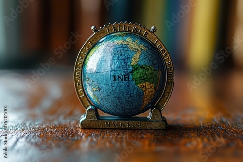 Globes are displayed on a wooden surface depicting the Americas and the Atlantic Ocean under warm lighting