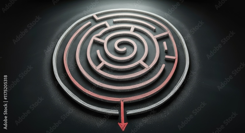Circular 3D maze with red arrow pointing towards center on dark background Circular 3D maze with red arrow pointing towards center on dark background