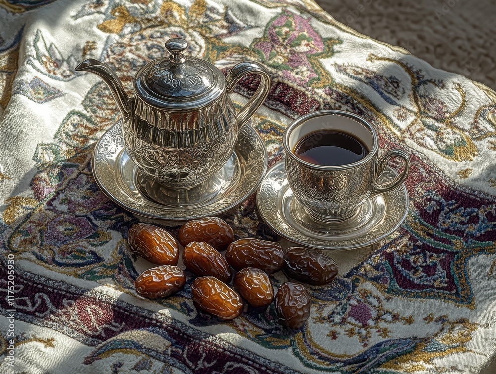 Fototapeta premium Close-up of Silver Tea Set with Dates on Ornate Fabric