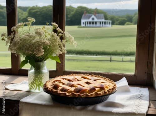 Freshly baked pie on a windowsill with a scenic countryside view during the afternoon photo