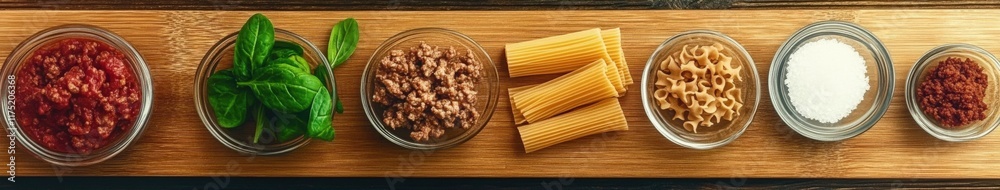 Ingredients for a delicious pasta dish arranged on a wooden board Ingredients for a delicious pasta dish arranged on a wooden board