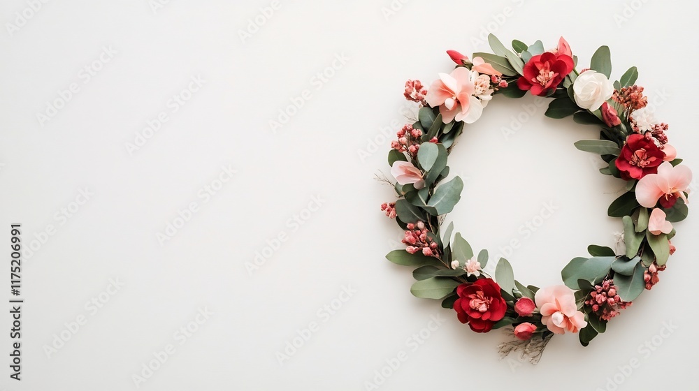 Obraz premium Elegant Floral Wreath with Red and Pink Blooms on White Background