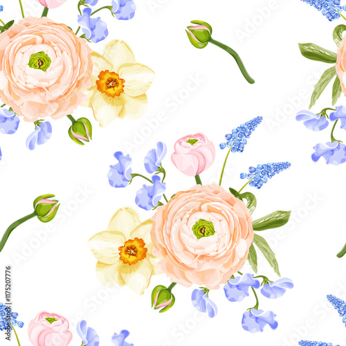 A spring seamless vector pattern featuring peach ranunculus, yellow daffodils, blue sweet peas, muscari, and pink buds on a white background.