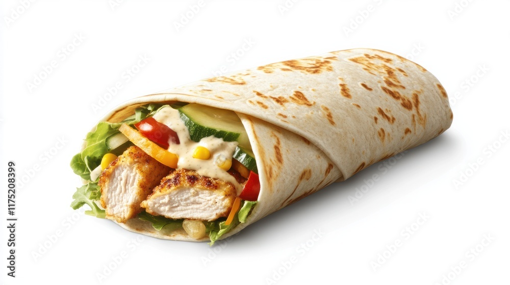 A chicken wrap with visible fresh veggies and a creamy sauce, folded neatly and isolated on a plain white surface A chicken wrap with visible fresh veggies and a creamy sauce, folded neatly and isolated on a plain white surface