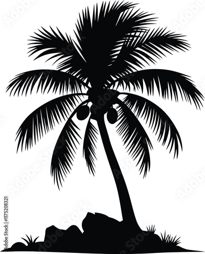 A vector illustration of a coconut tree silhouette with a white background