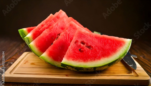 Juicy watermelon slices arranged on a rustic wooden cutting board.  Perfect for summer food blogs, healthy eating content, or refreshing beverage advertising. photo