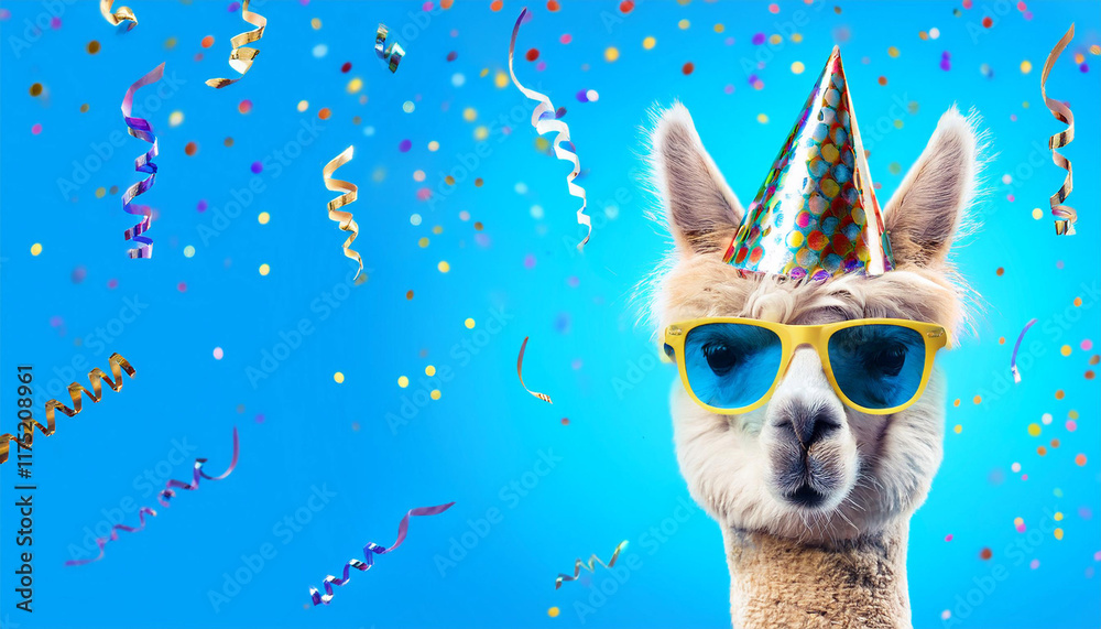 Fototapeta premium happy birthday carnival new year s eve sylvester or other festive celebration funny animals card alpaca with party hat and sunglasses on blue background with confetti
