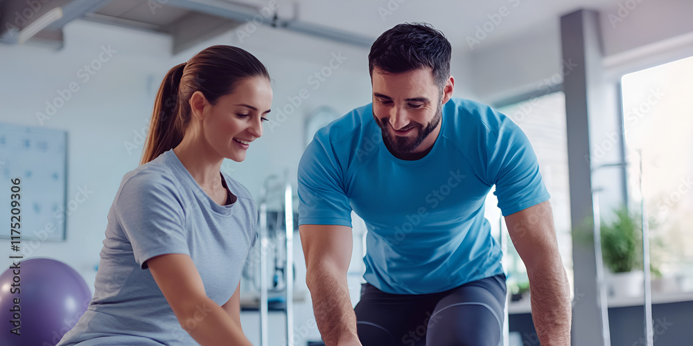  Fitness trainer assisting a client in a modern gym, Personal trainer guiding exercise in a bright fitness studio