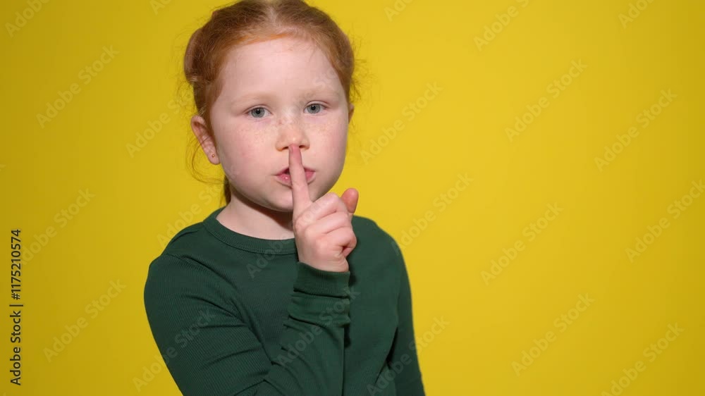 Young girl with red hair gestures for silence against a bright yellow backdrop in a silent moment Young girl with red hair gestures for silence against a bright yellow backdrop in a silent moment