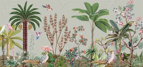 Mughal forest background, Mughal tree, Tropical plant, Bird, Watercolor background.
