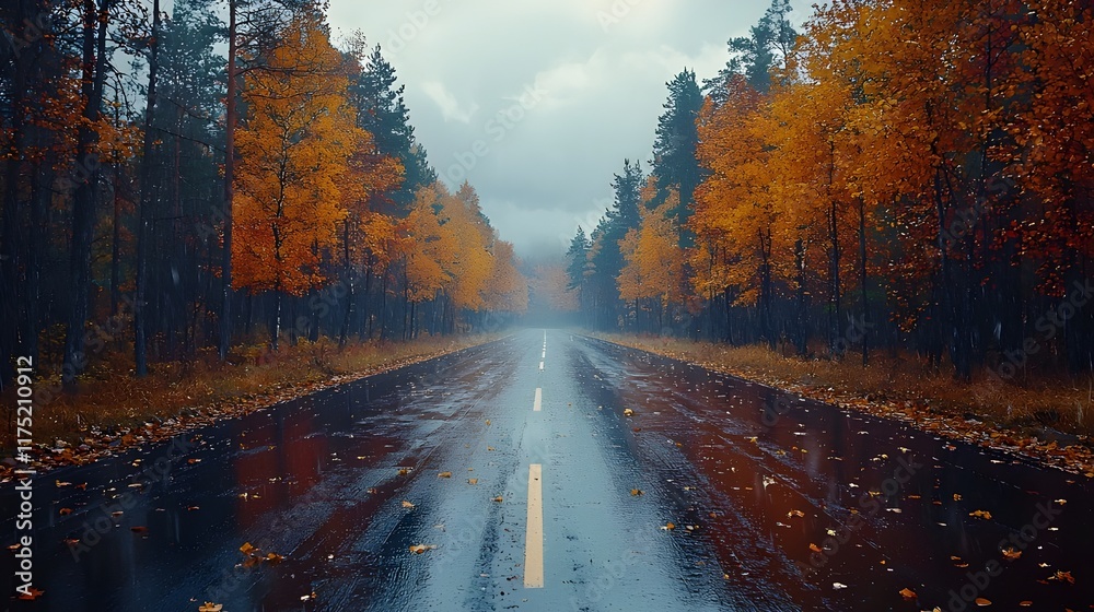 Obraz premium Autumn road, wet asphalt, reflections, misty atmosphere, orange foliage, forest, moody landscape, overcast sky, symmetrical composition, vanishing point, cinematic, dramatic lighting, high contrast