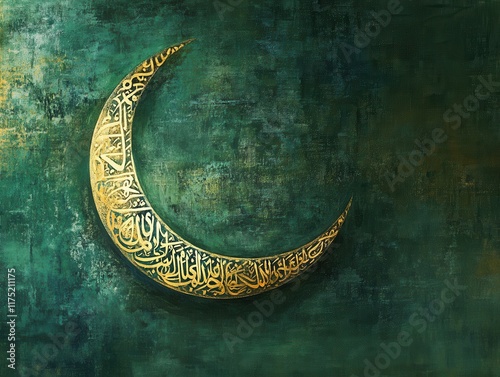 Golden Crescent Moon with Arabic Calligraphy on a Green Night Sky photo